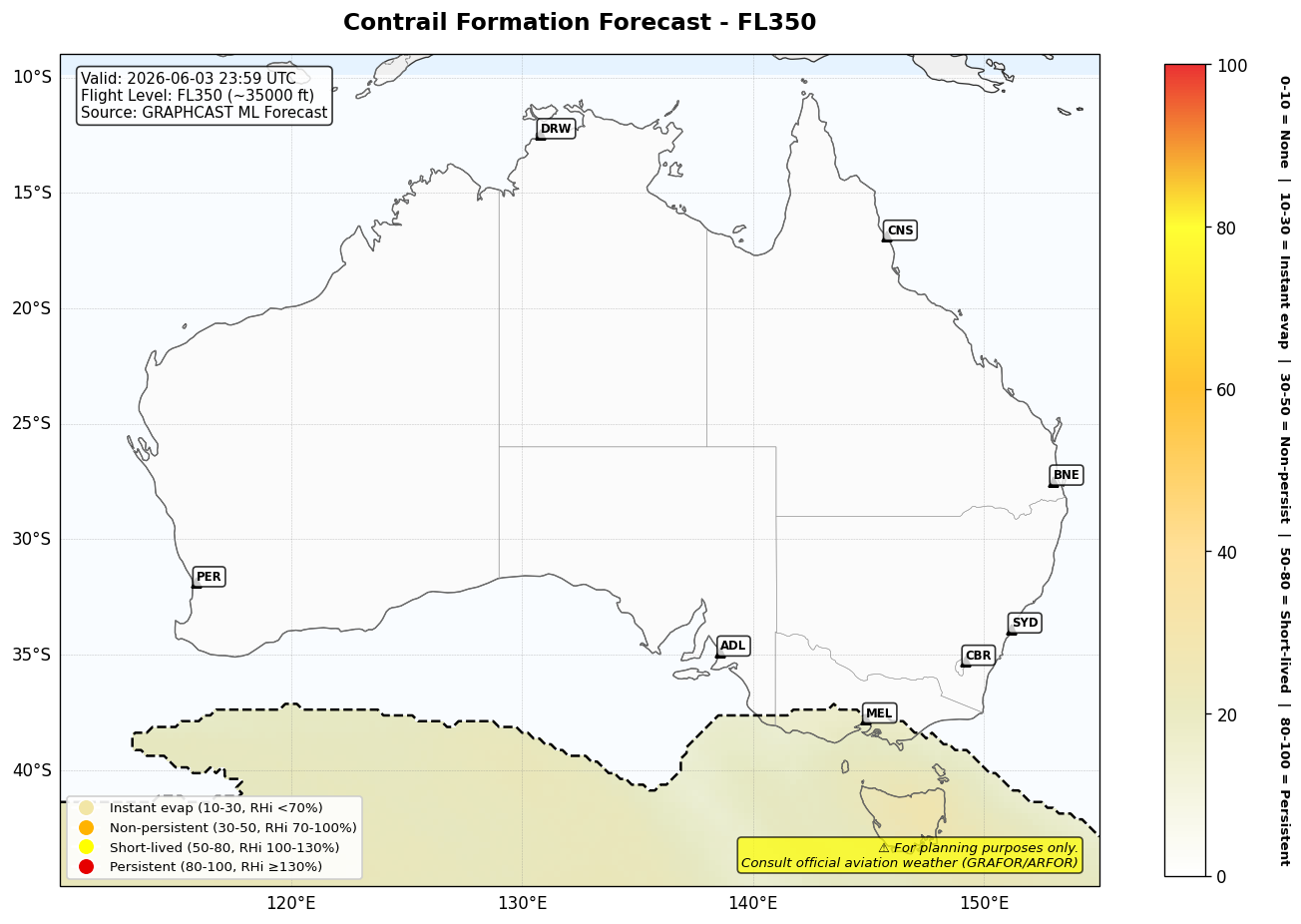 Contrail forecast for FL350 at 2026-06-03 23:59 UTC