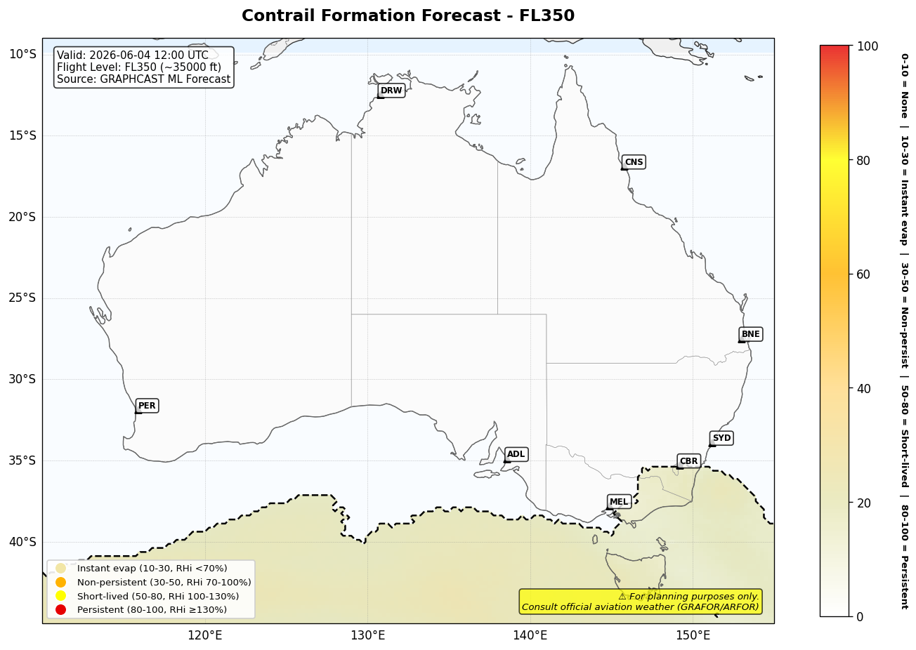 Contrail forecast for FL350 at 2026-06-04 12:00 UTC