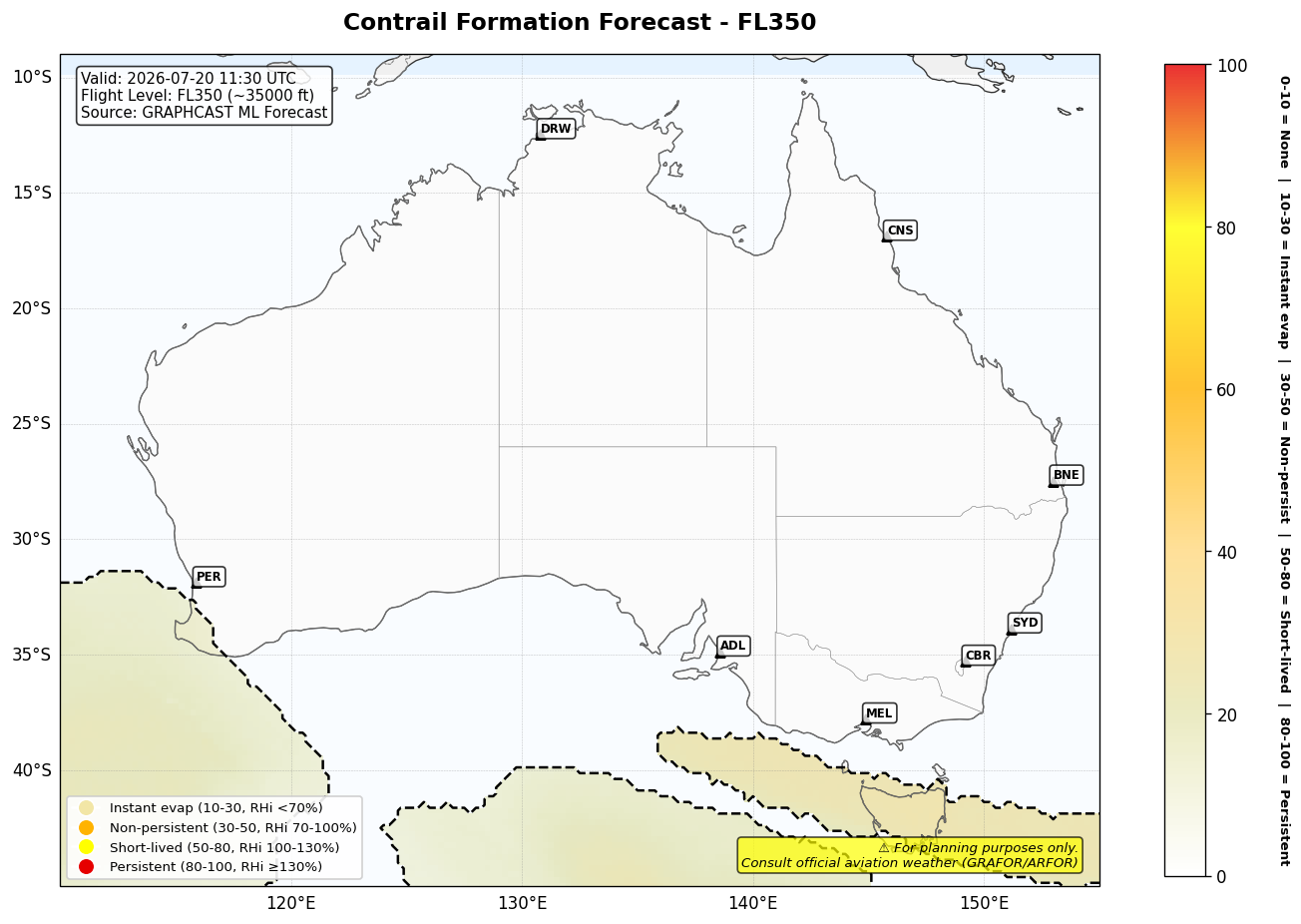 Contrail forecast for FL350 at 2026-07-20 11:30 UTC