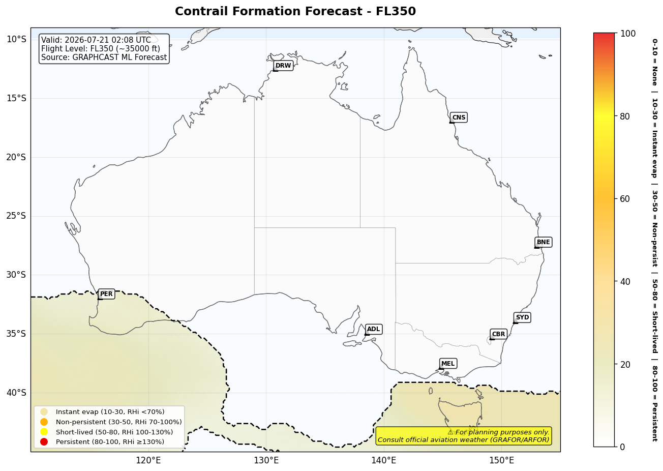 Contrail forecast for FL350 at 2026-07-21 02:08 UTC