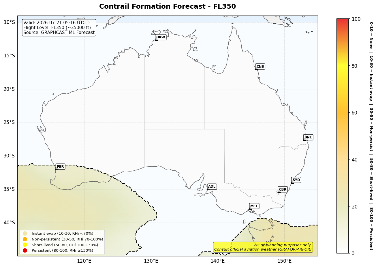 Contrail forecast for FL350 at 2026-07-21 05:16 UTC