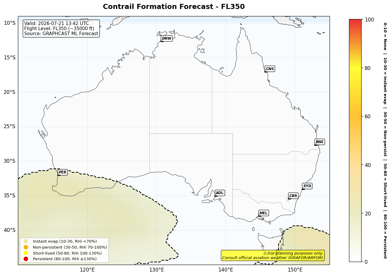 Contrail forecast for FL350 at 2026-07-21 13:42 UTC
