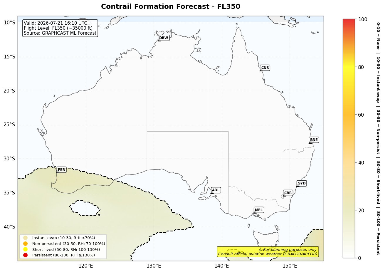Contrail forecast for FL350 at 2026-07-21 16:10 UTC