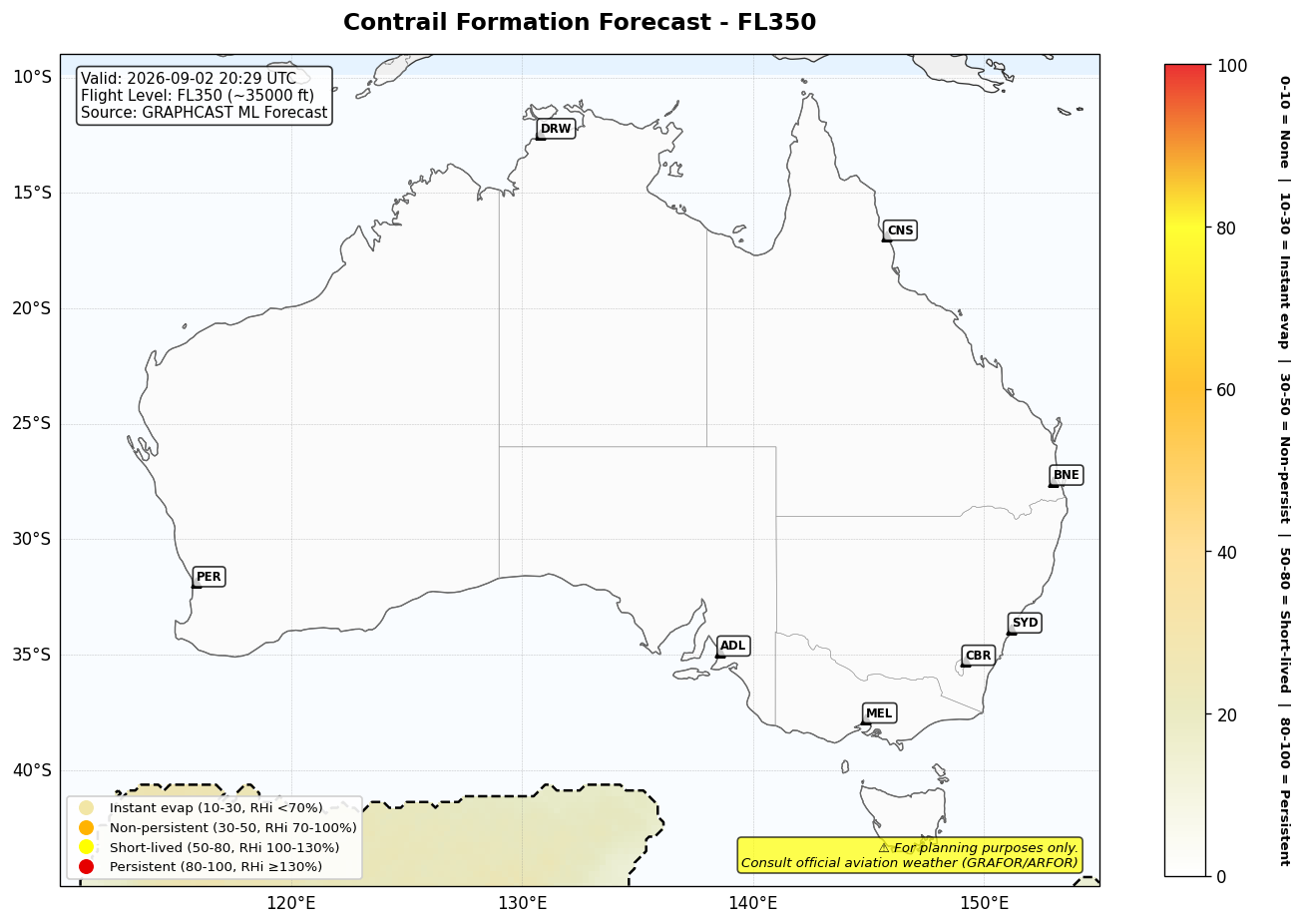 Contrail forecast for FL350 at 2026-09-02 20:29 UTC