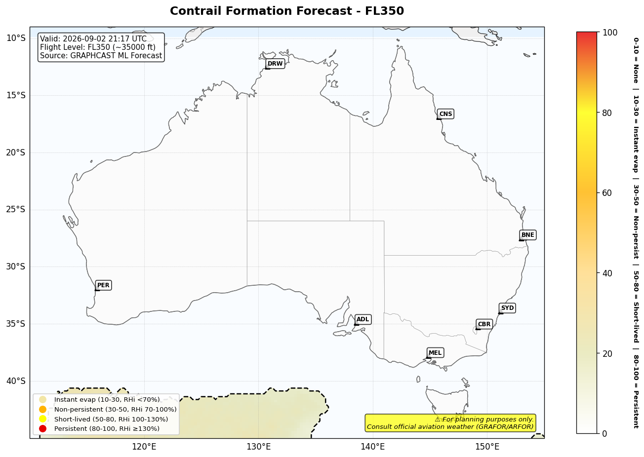 Contrail forecast for FL350 at 2026-09-02 21:17 UTC