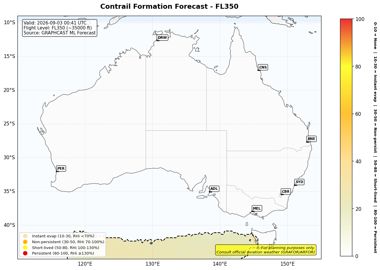 Contrail forecast for FL350 at 2026-09-03 00:41 UTC