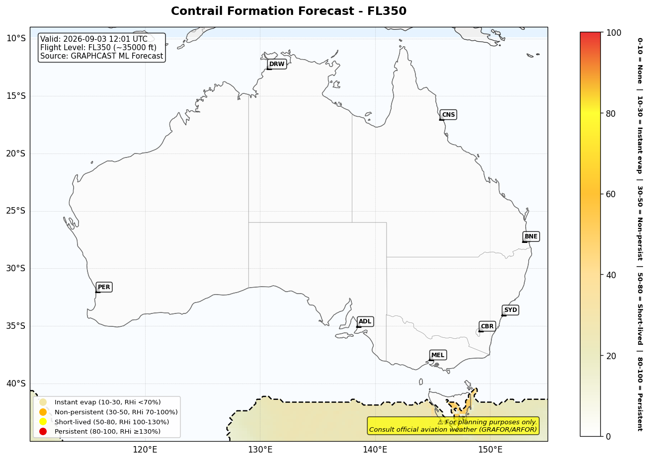 Contrail forecast for FL350 at 2026-09-03 12:01 UTC