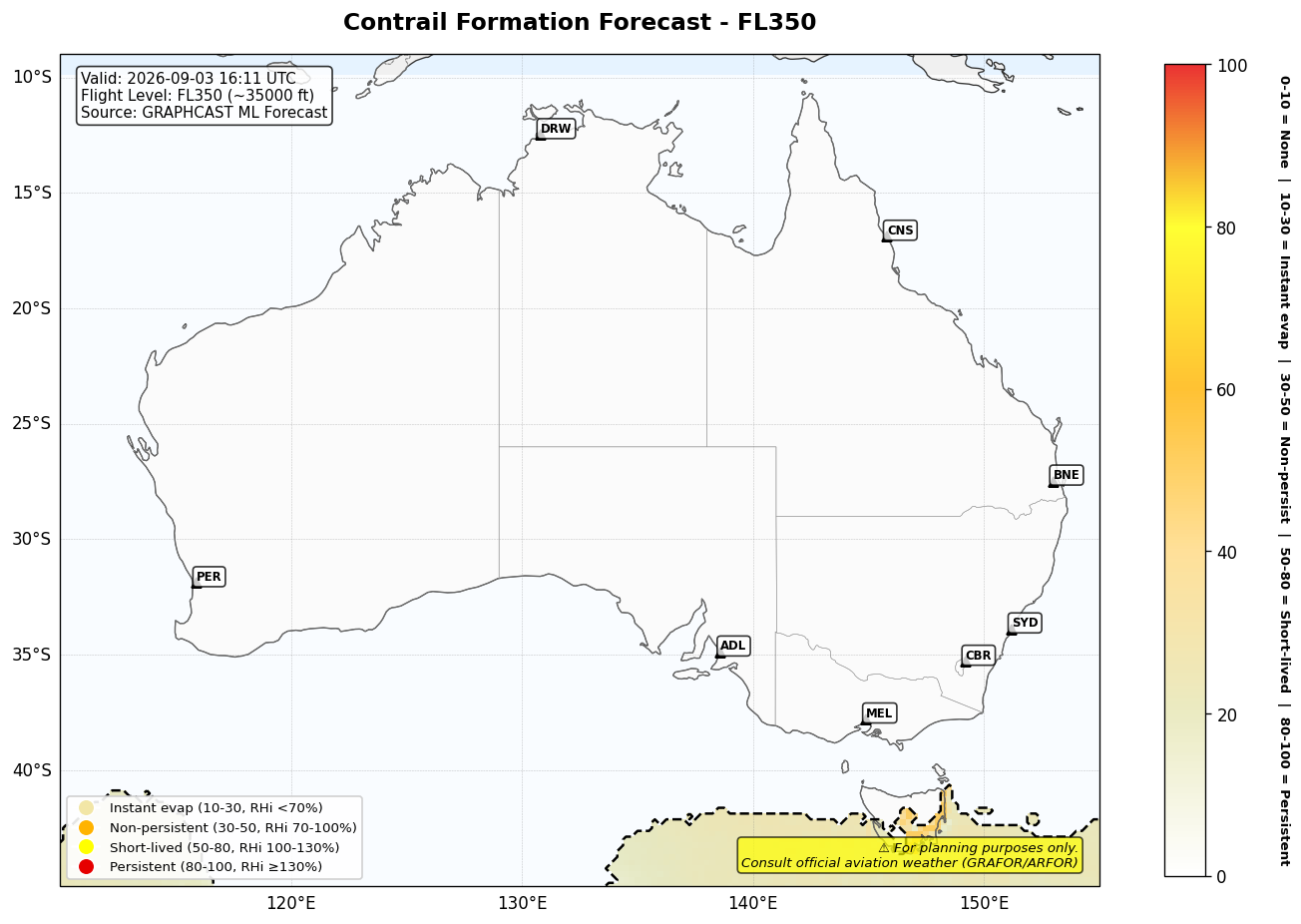Contrail forecast for FL350 at 2026-09-03 16:11 UTC