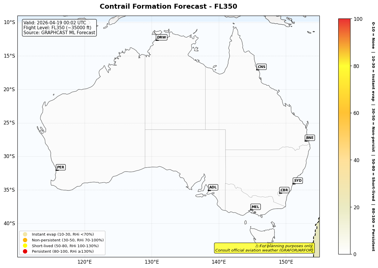 Contrail forecast for FL350 at 2026-04-19 00:02 UTC