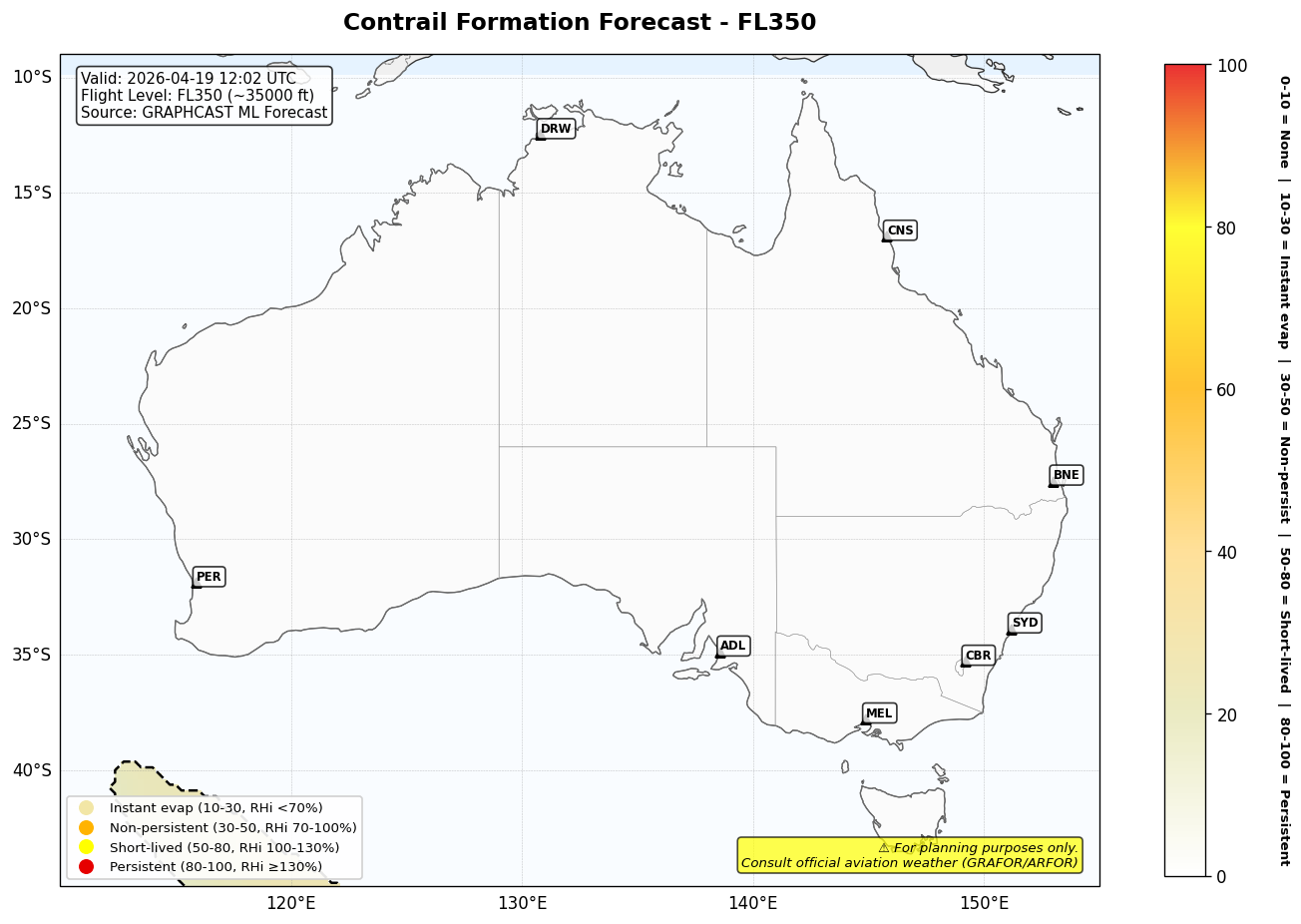 Contrail forecast for FL350 at 2026-04-19 12:02 UTC