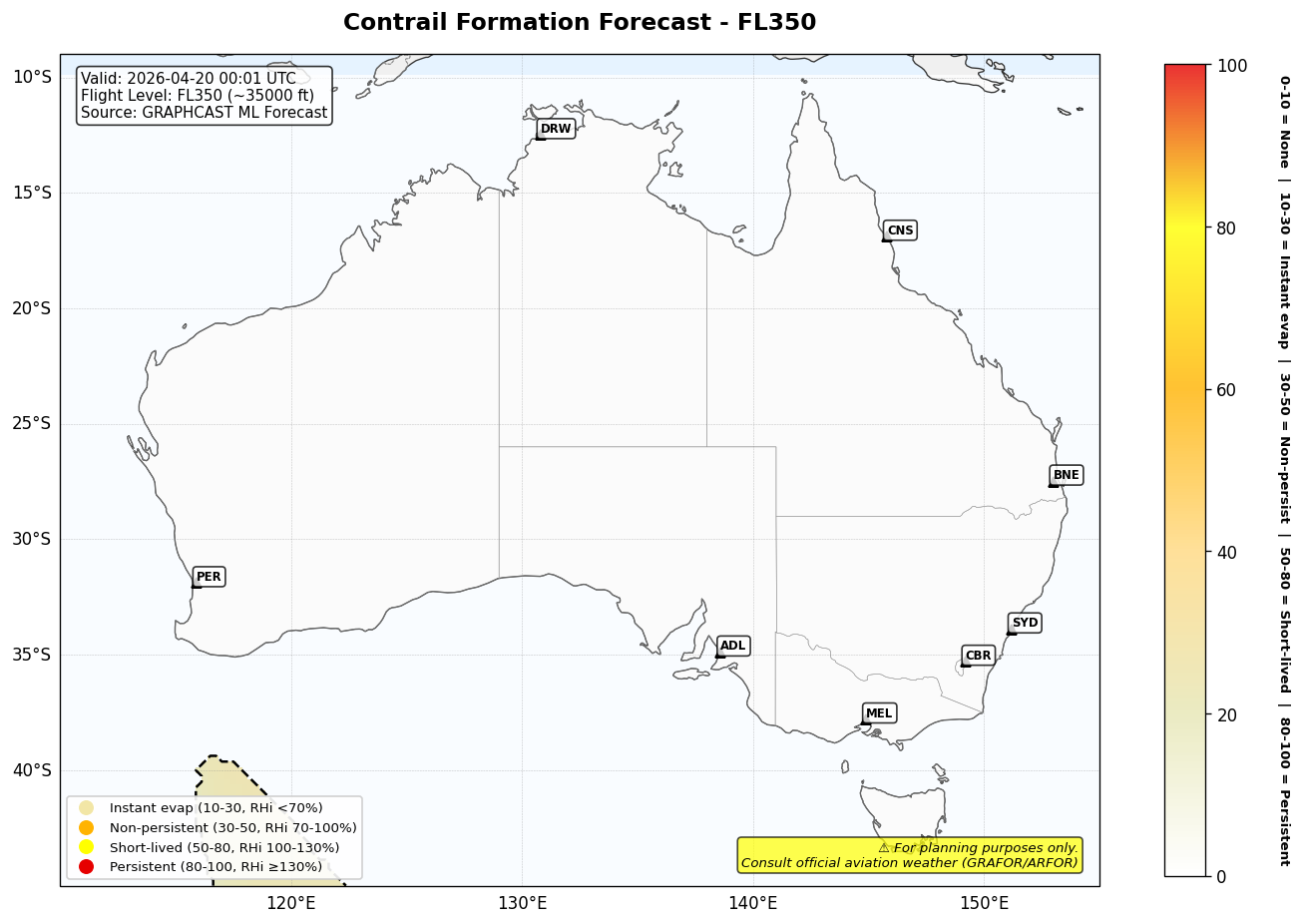 Contrail forecast for FL350 at 2026-04-20 00:01 UTC