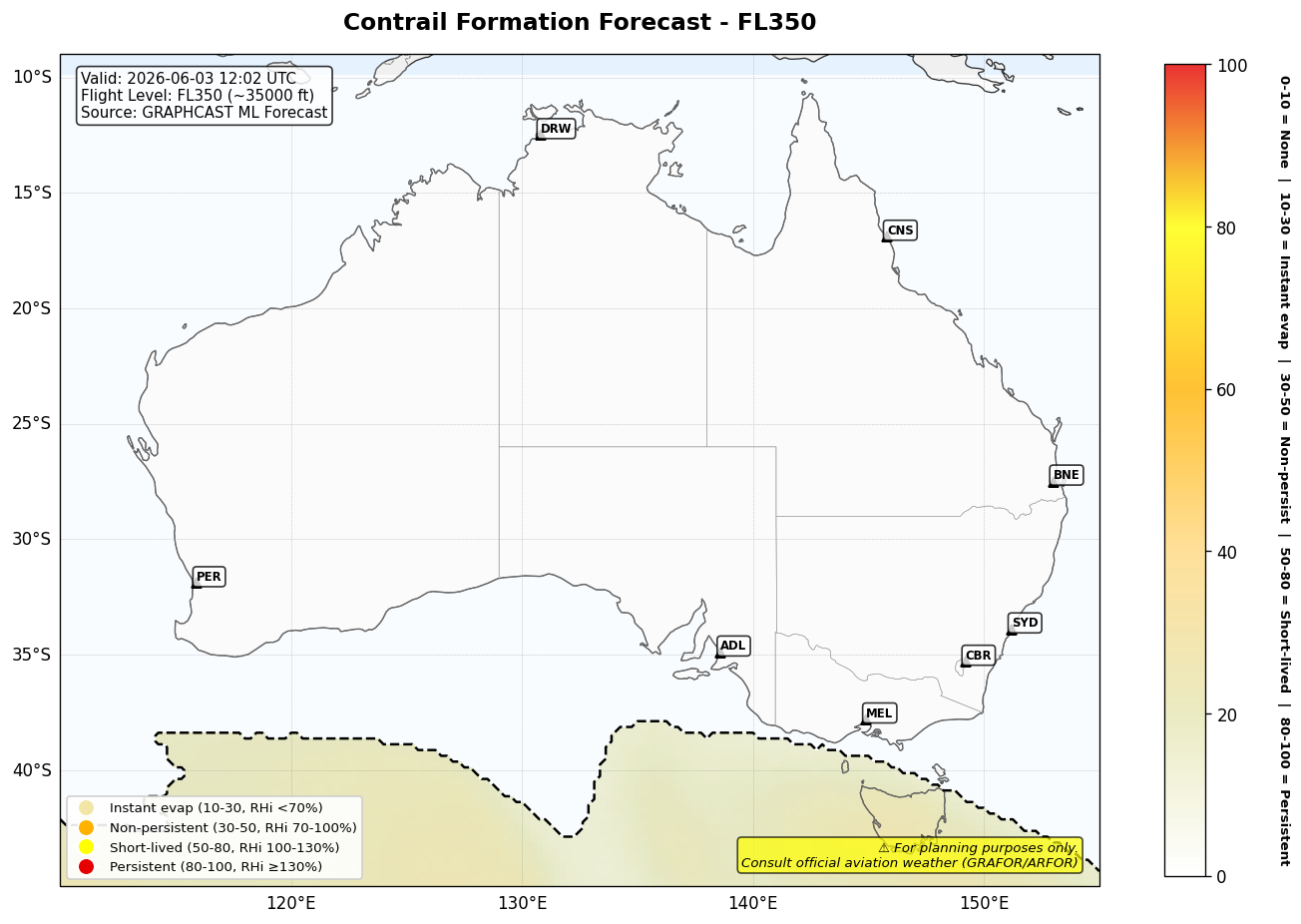 Contrail forecast for FL350 at 2026-06-03 12:02 UTC