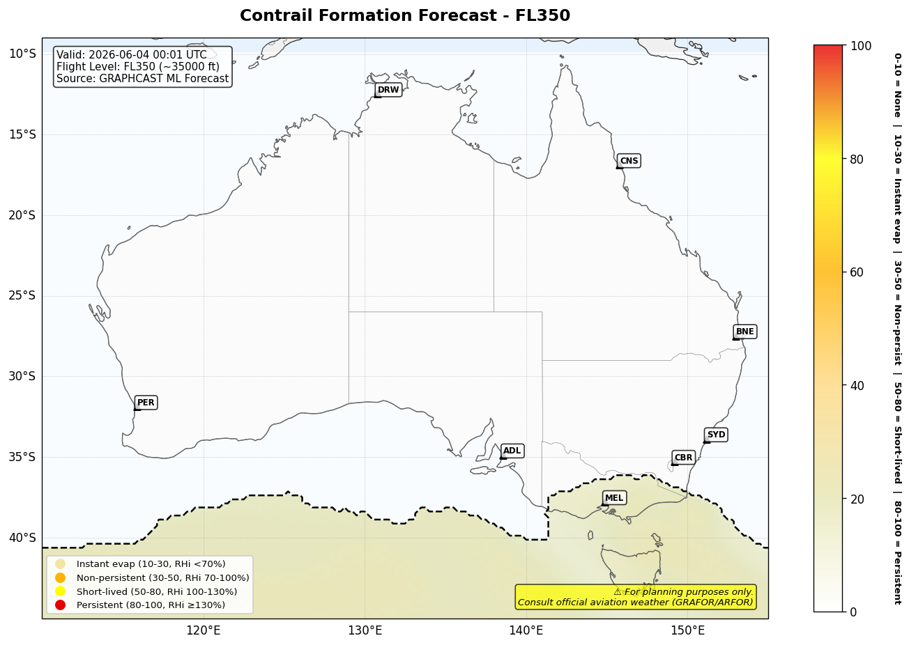 Contrail forecast for FL350 at 2026-06-04 00:01 UTC
