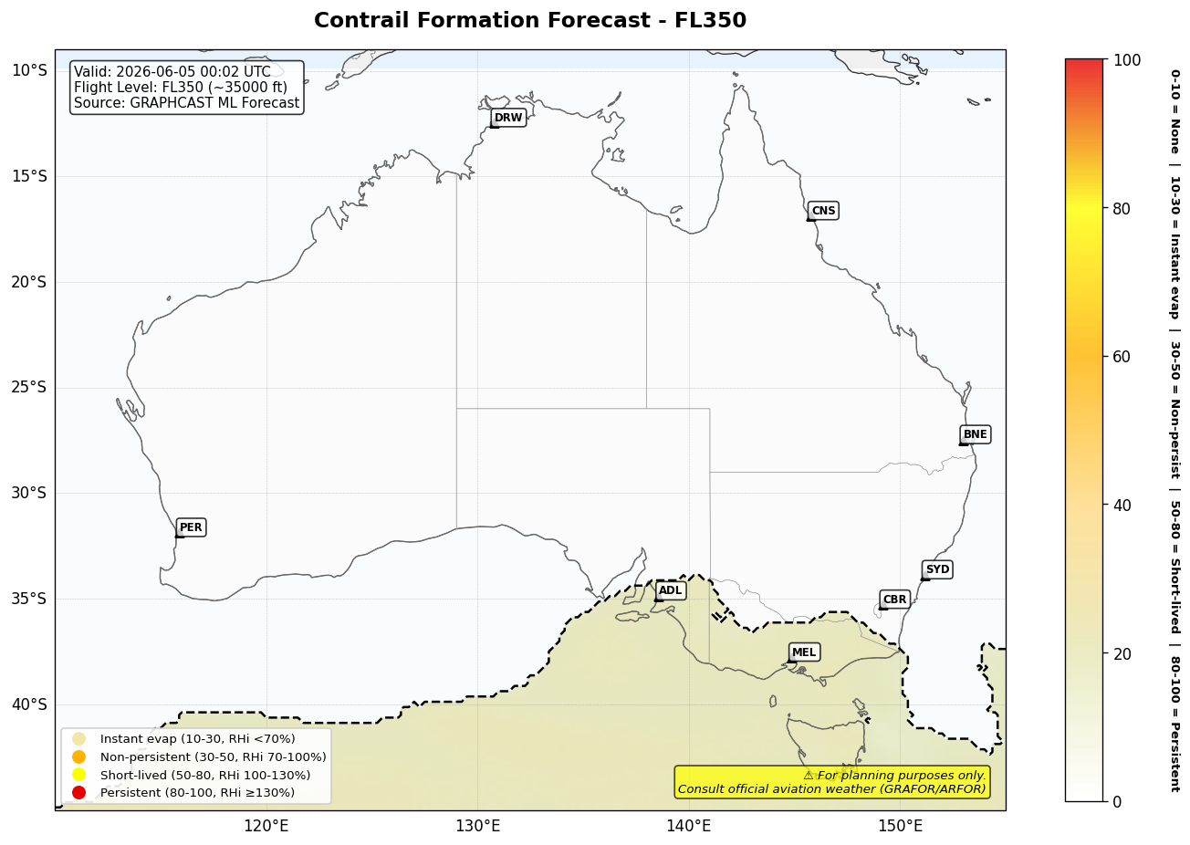 Contrail forecast for FL350 at 2026-06-05 00:02 UTC