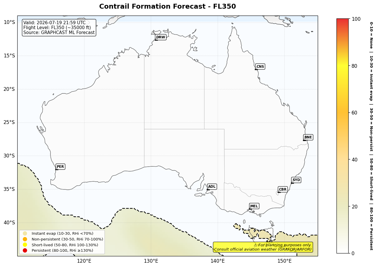 Contrail forecast for FL350 at 2026-07-19 21:59 UTC