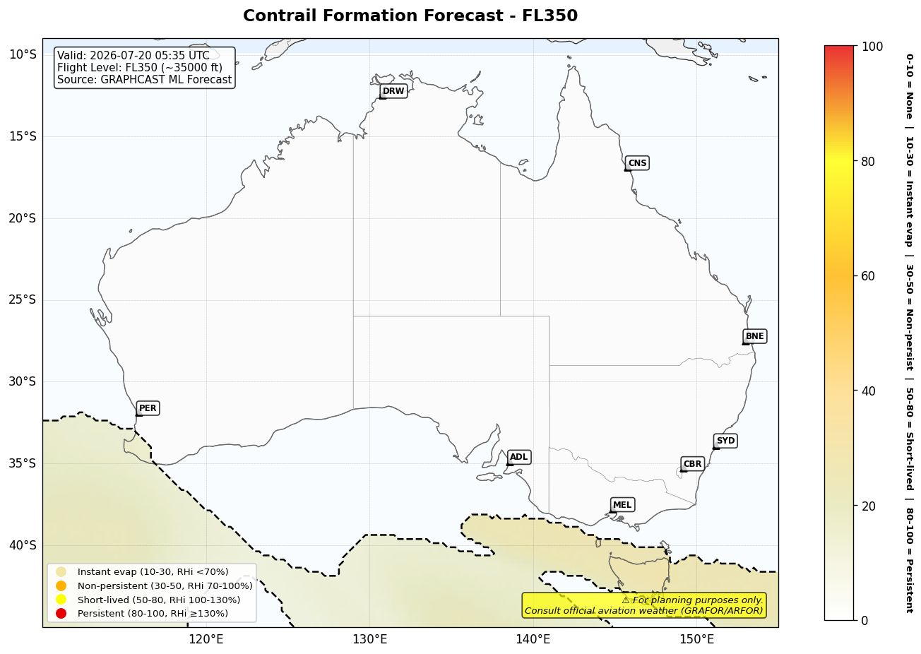 Contrail forecast for FL350 at 2026-07-20 05:35 UTC