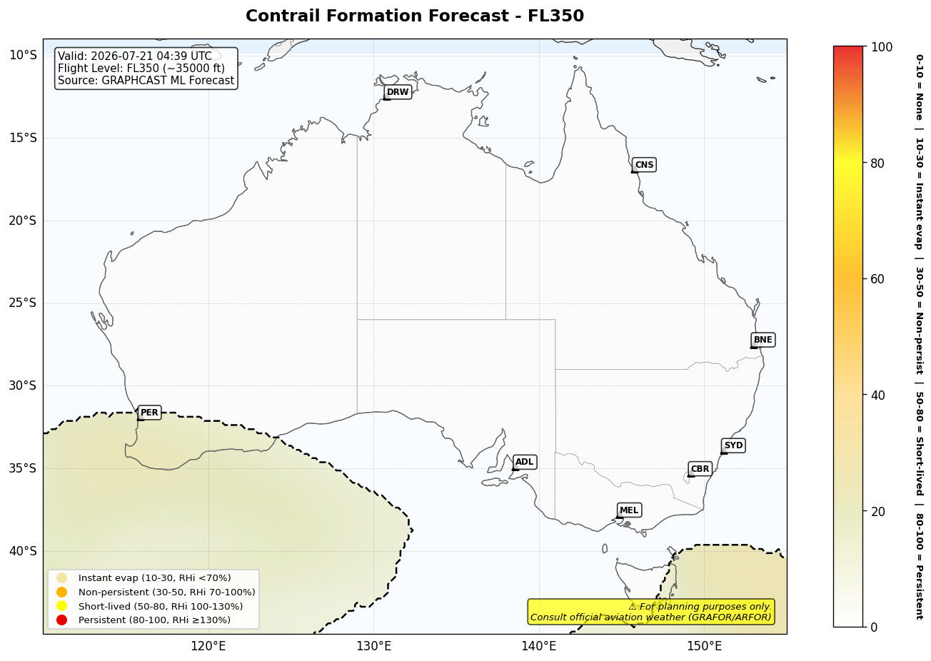 Contrail forecast for FL350 at 2026-07-21 04:39 UTC