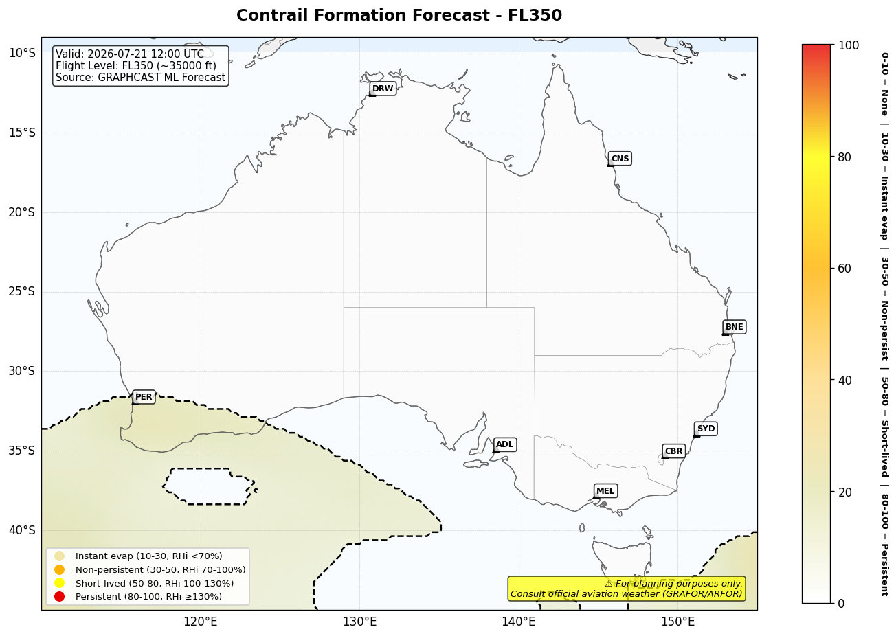 Contrail forecast for FL350 at 2026-07-21 12:00 UTC