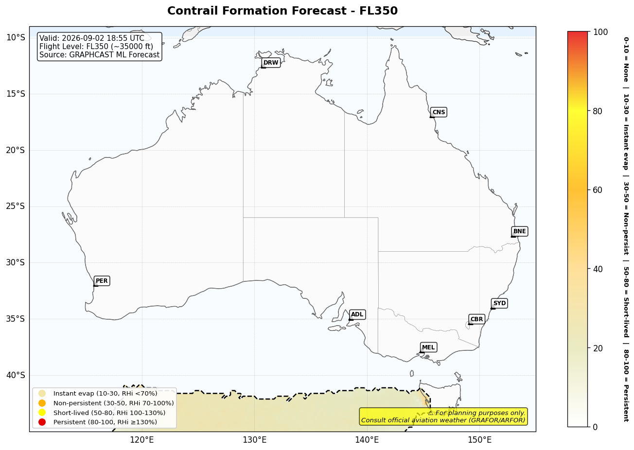 Contrail forecast for FL350 at 2026-09-02 18:55 UTC