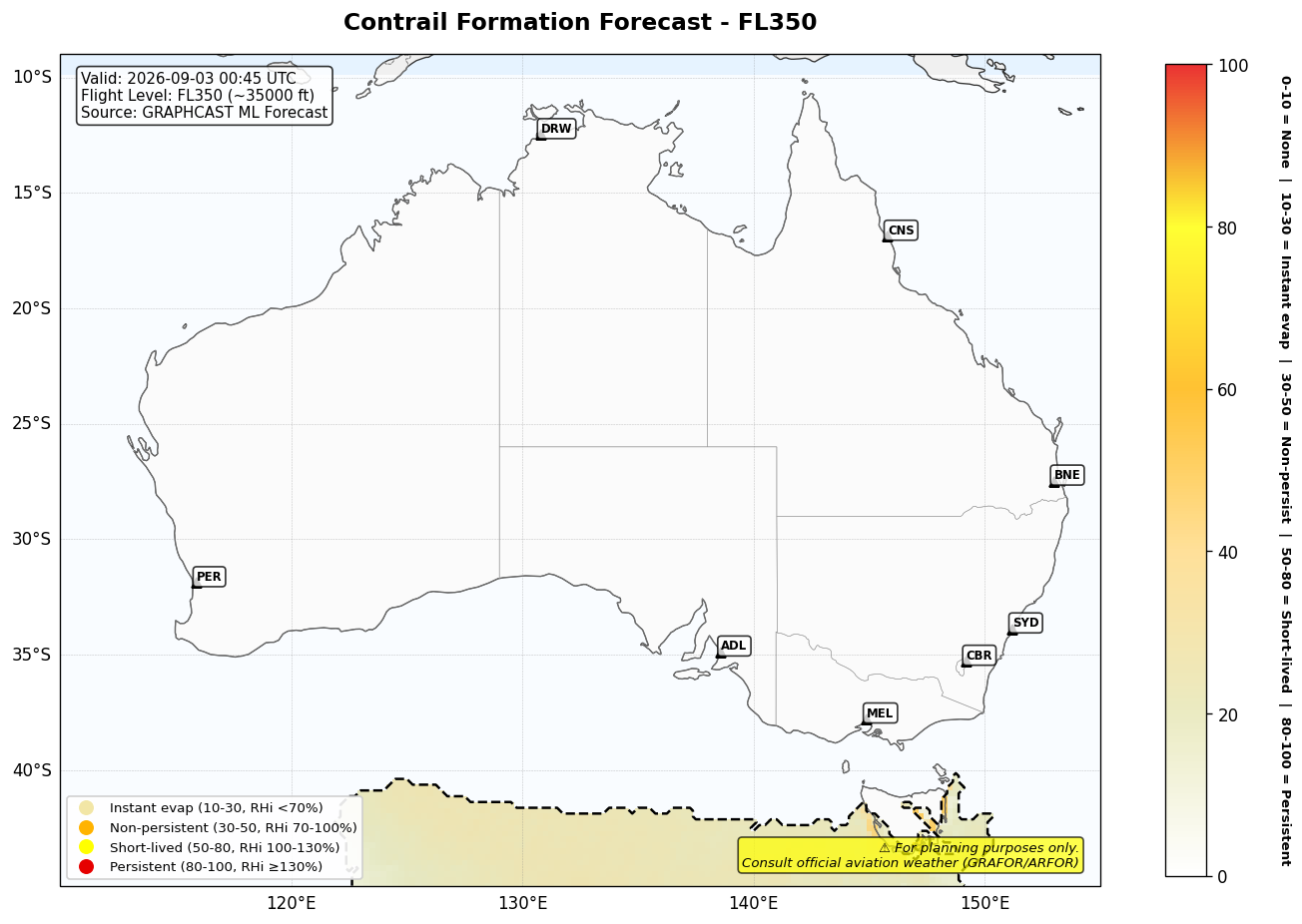 Contrail forecast for FL350 at 2026-09-03 00:45 UTC