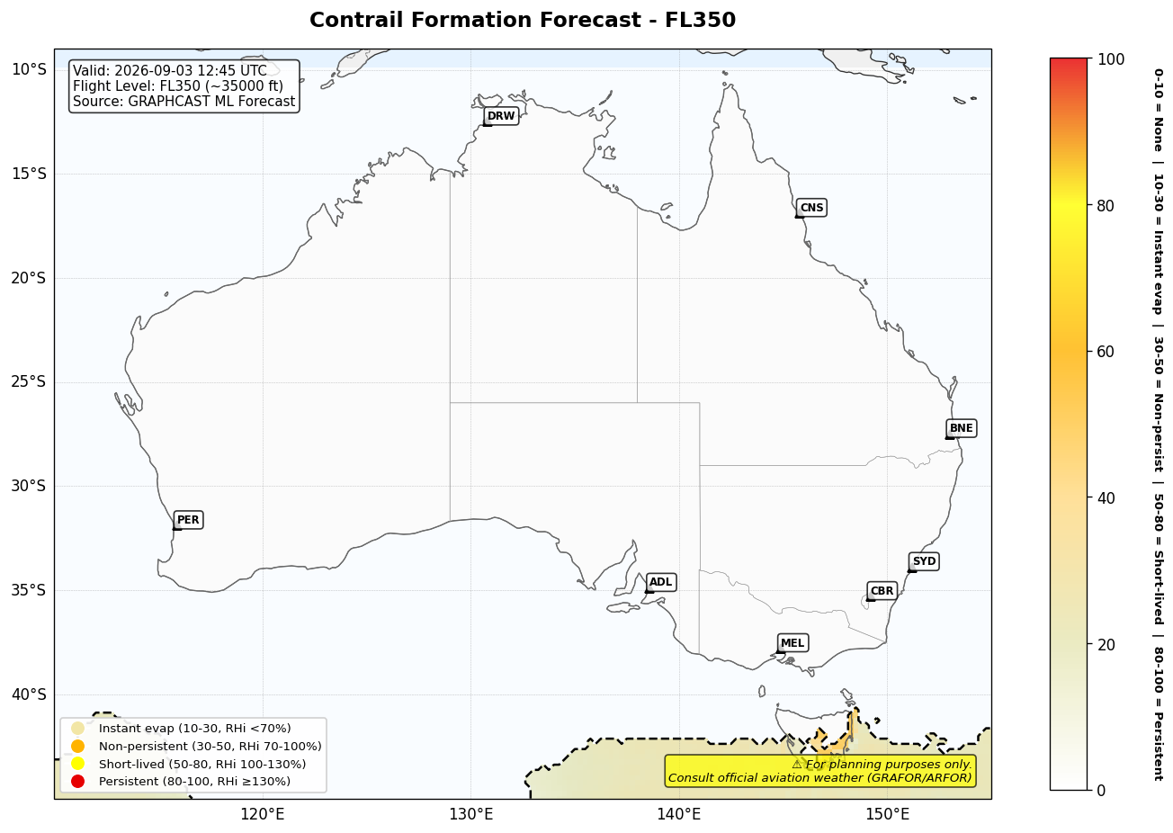 Contrail forecast for FL350 at 2026-09-03 12:45 UTC