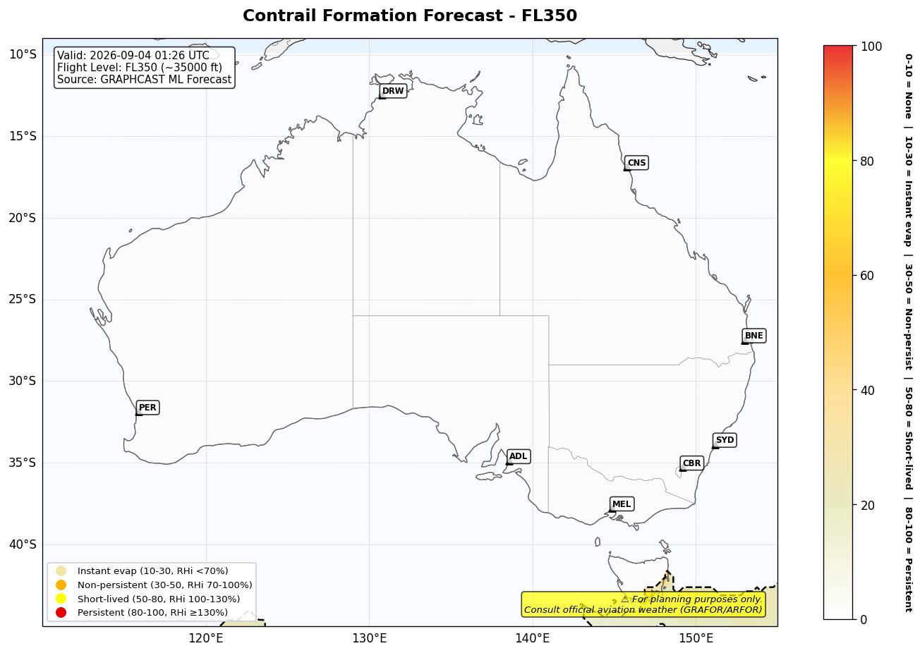 Contrail forecast for FL350 at 2026-09-04 01:26 UTC