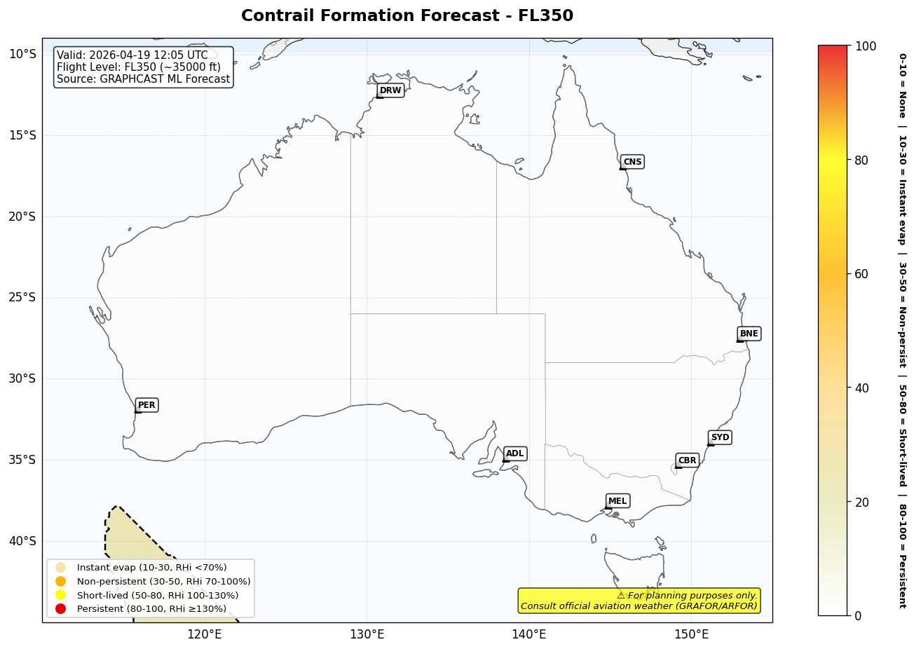 Contrail forecast for FL350 at 2026-04-19 12:05 UTC