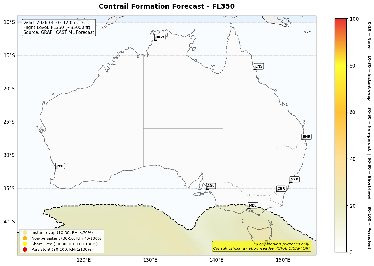 Contrail forecast for FL350 at 2026-06-03 12:05 UTC