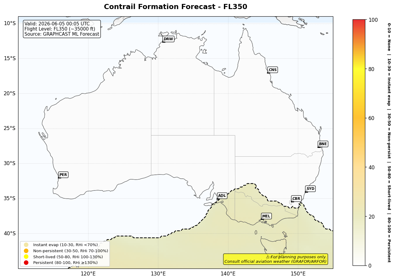 Contrail forecast for FL350 at 2026-06-05 00:05 UTC