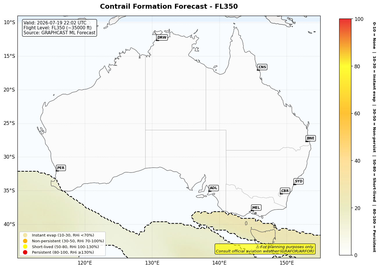 Contrail forecast for FL350 at 2026-07-19 22:02 UTC