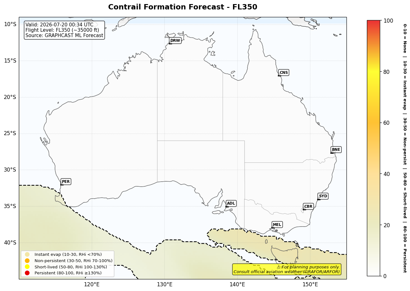 Contrail forecast for FL350 at 2026-07-20 00:34 UTC