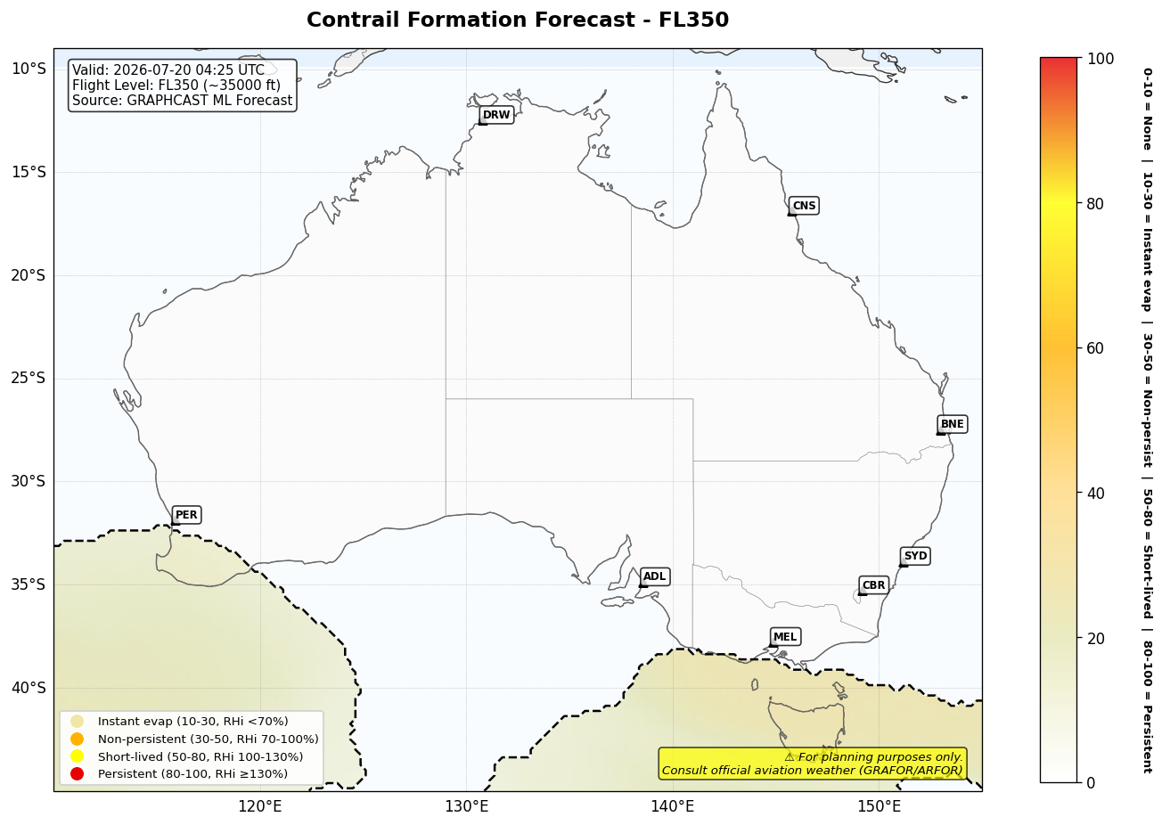 Contrail forecast for FL350 at 2026-07-20 04:25 UTC