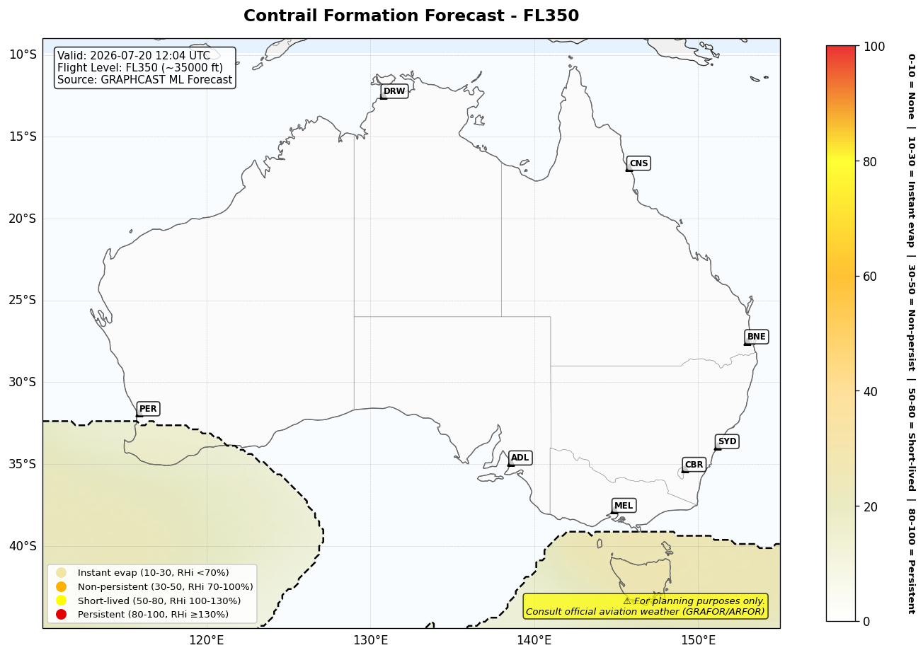 Contrail forecast for FL350 at 2026-07-20 12:04 UTC