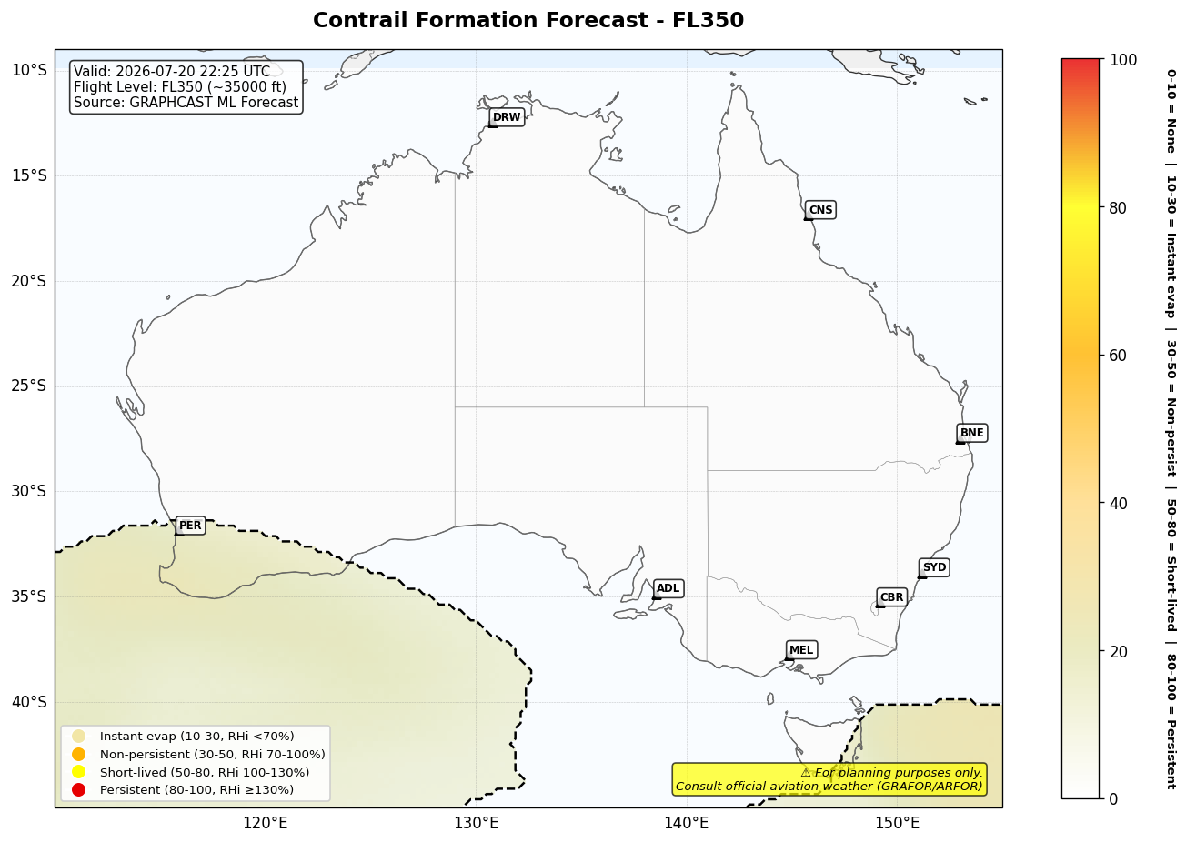 Contrail forecast for FL350 at 2026-07-20 22:25 UTC