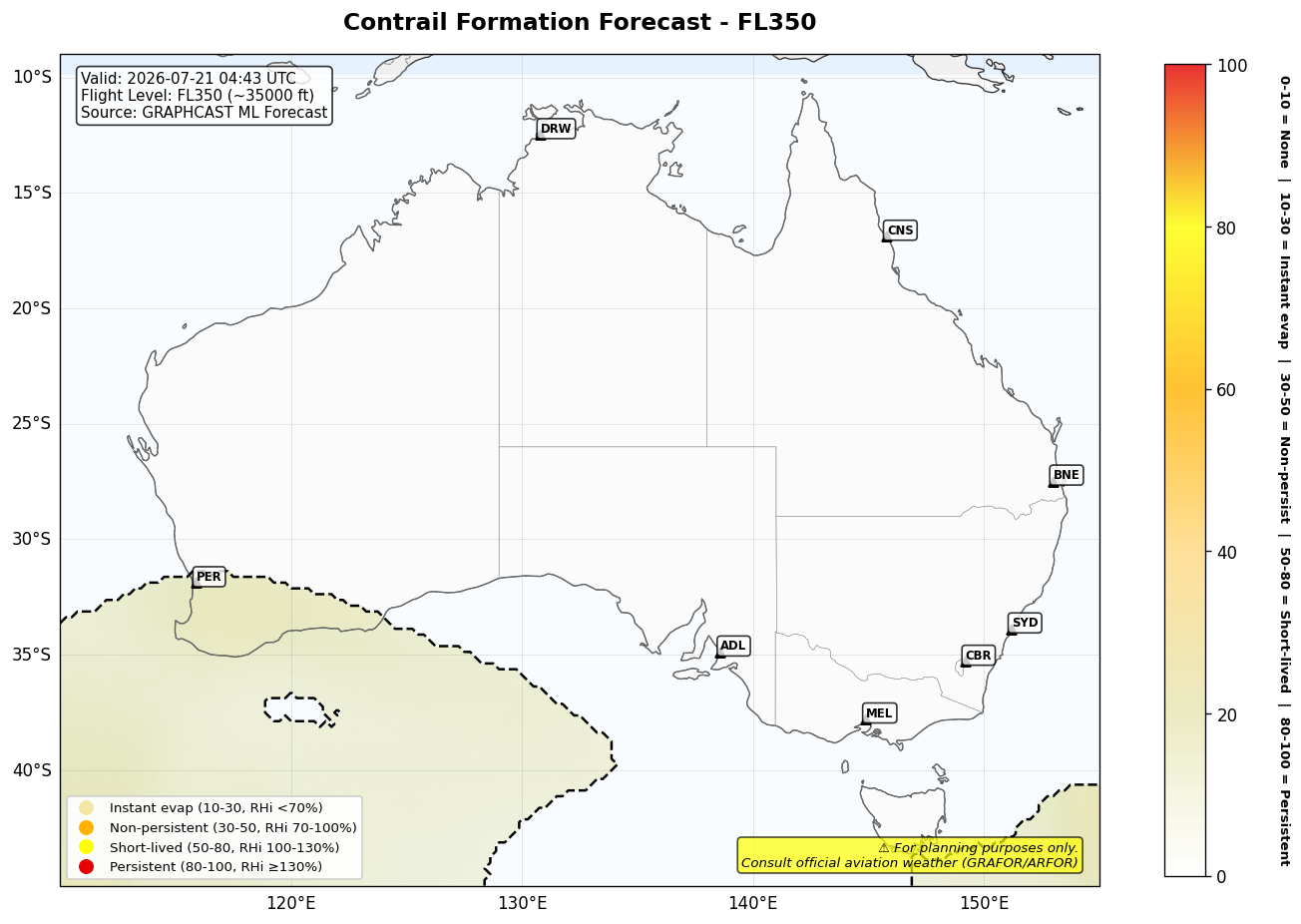Contrail forecast for FL350 at 2026-07-21 04:43 UTC