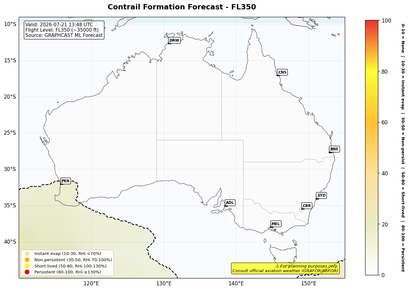 Contrail forecast for FL350 at 2026-07-21 13:48 UTC