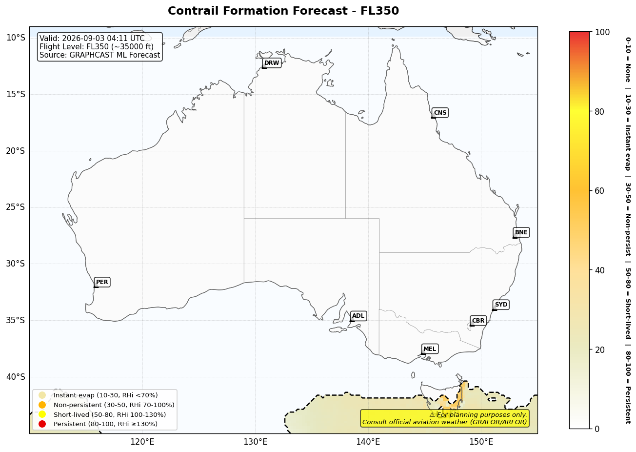Contrail forecast for FL350 at 2026-09-03 04:11 UTC