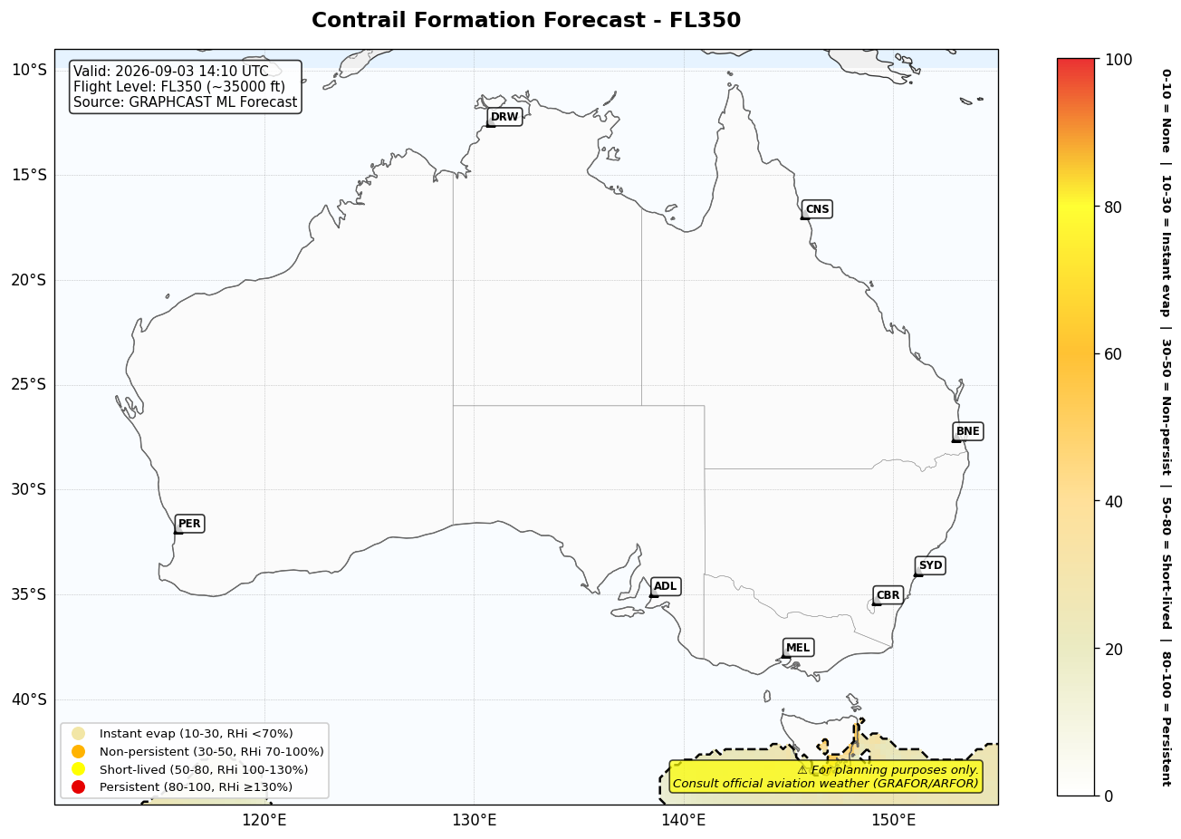 Contrail forecast for FL350 at 2026-09-03 14:10 UTC
