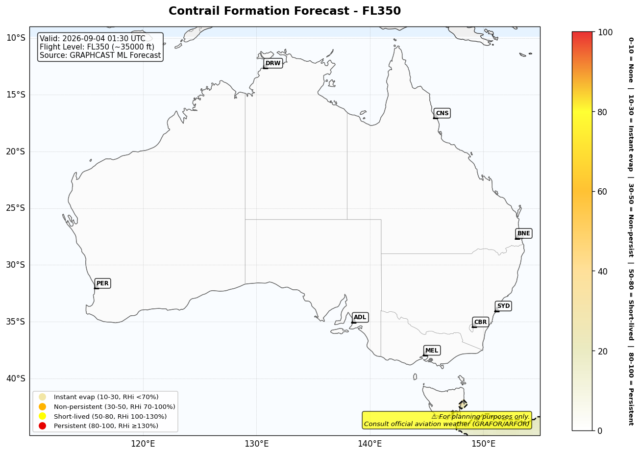 Contrail forecast for FL350 at 2026-09-04 01:30 UTC