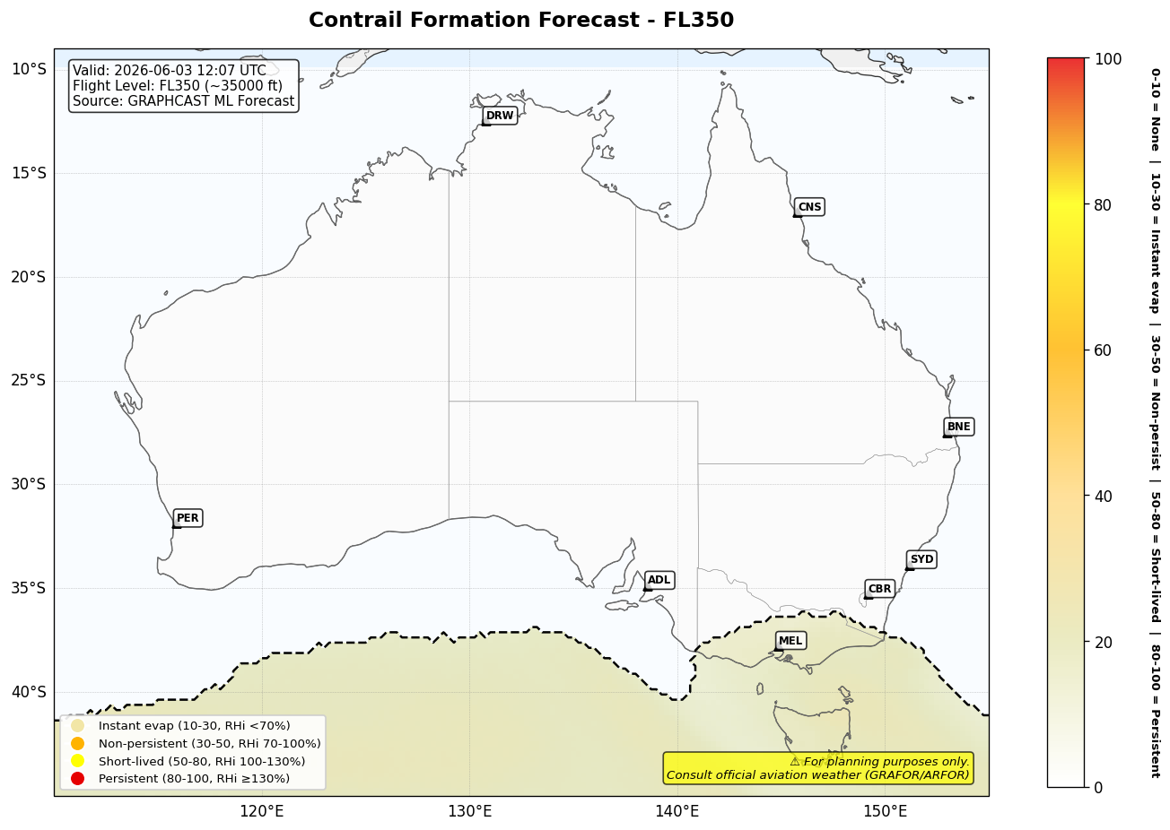 Contrail forecast for FL350 at 2026-06-03 12:07 UTC