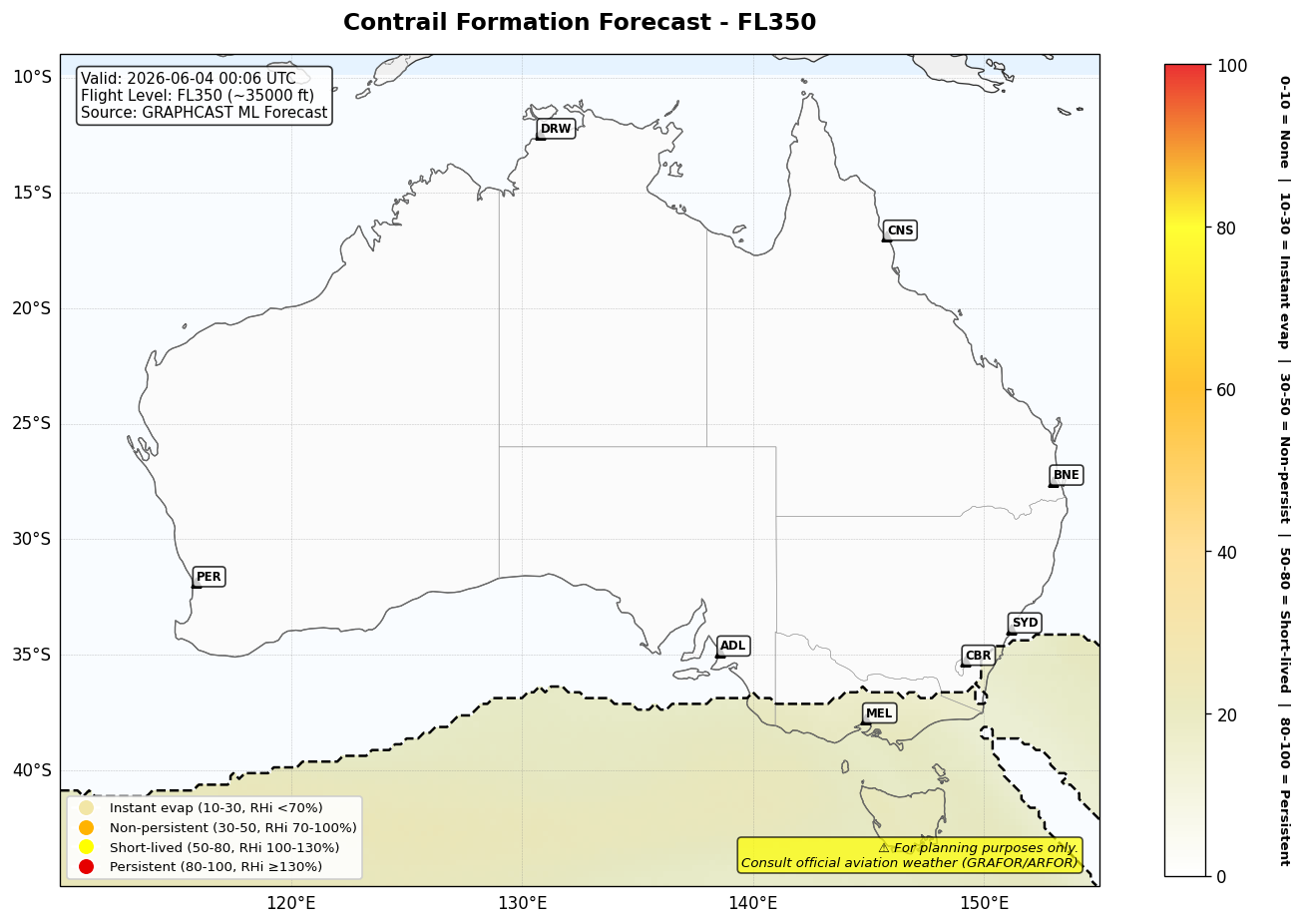 Contrail forecast for FL350 at 2026-06-04 00:06 UTC