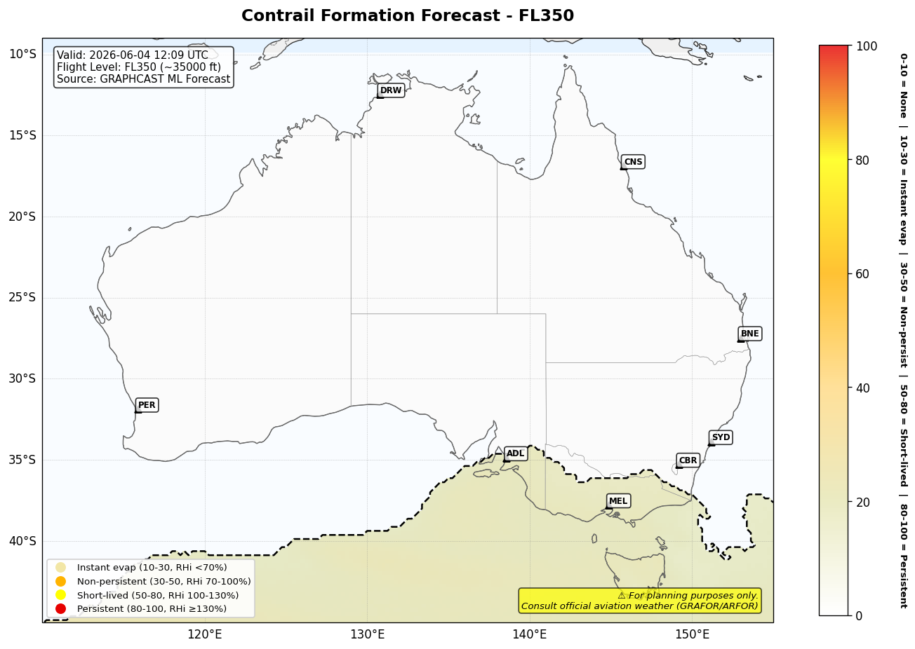 Contrail forecast for FL350 at 2026-06-04 12:09 UTC