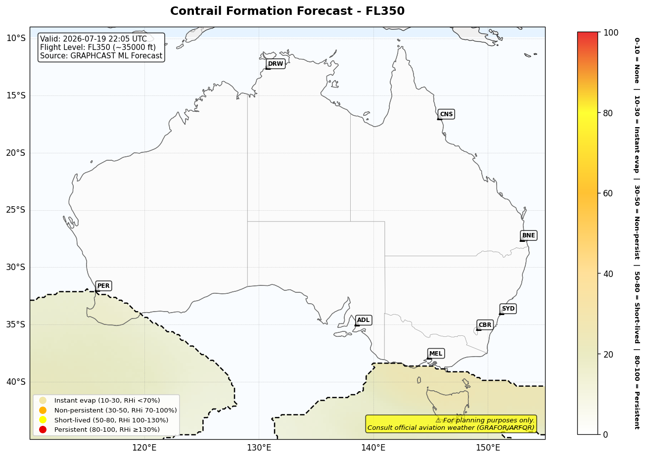Contrail forecast for FL350 at 2026-07-19 22:05 UTC
