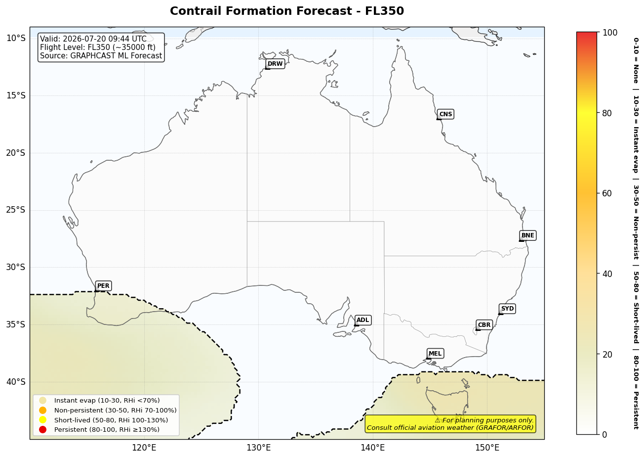 Contrail forecast for FL350 at 2026-07-20 09:44 UTC