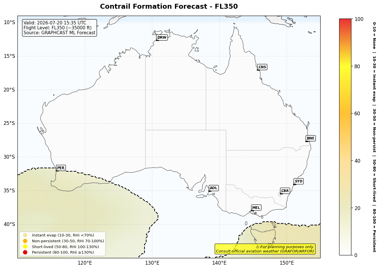 Contrail forecast for FL350 at 2026-07-20 15:35 UTC