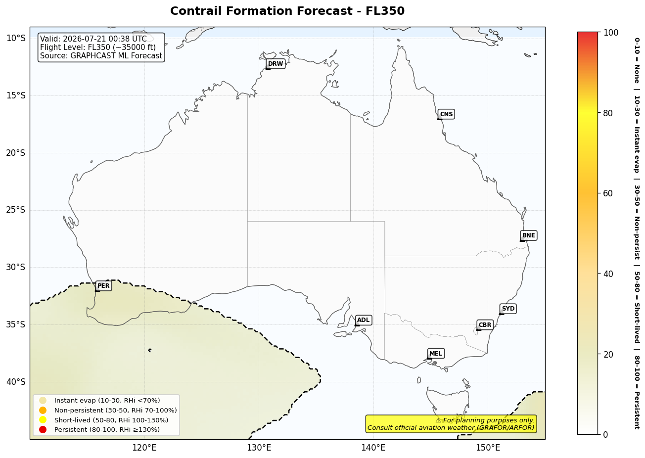 Contrail forecast for FL350 at 2026-07-21 00:38 UTC