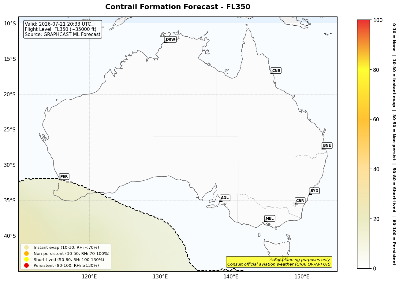 Contrail forecast for FL350 at 2026-07-21 20:33 UTC