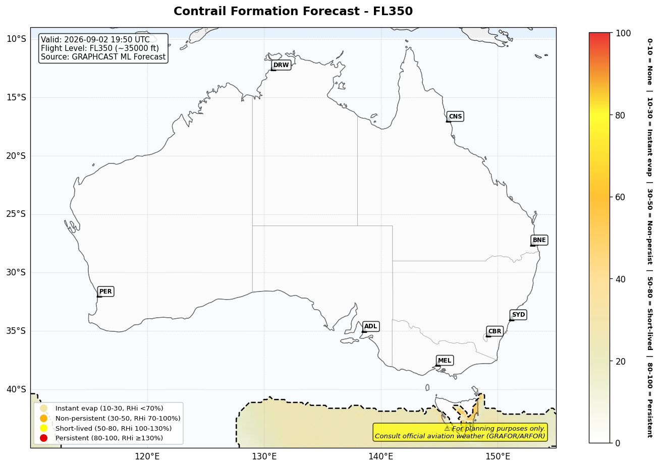 Contrail forecast for FL350 at 2026-09-02 19:50 UTC