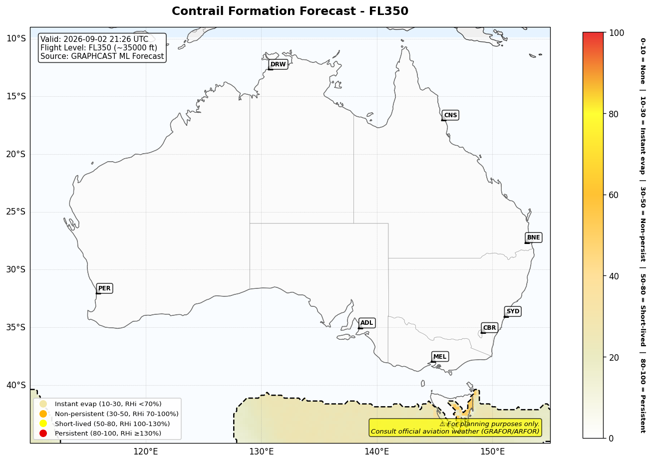 Contrail forecast for FL350 at 2026-09-02 21:26 UTC