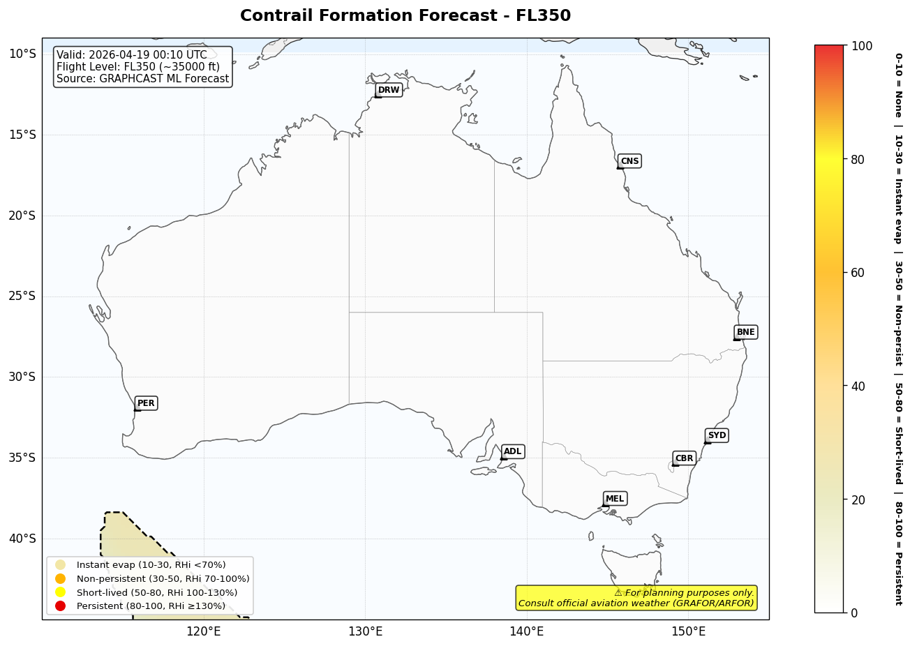 Contrail forecast for FL350 at 2026-04-19 00:10 UTC